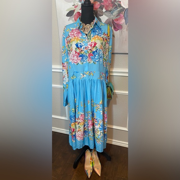 Blue Floral Collared Bishop Sleeve Dress || Size 2XL - Picture 5 of 14